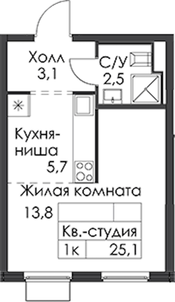 Квартира студия 25.1 м², 7/24 эт., ЖК «Заречный парк»